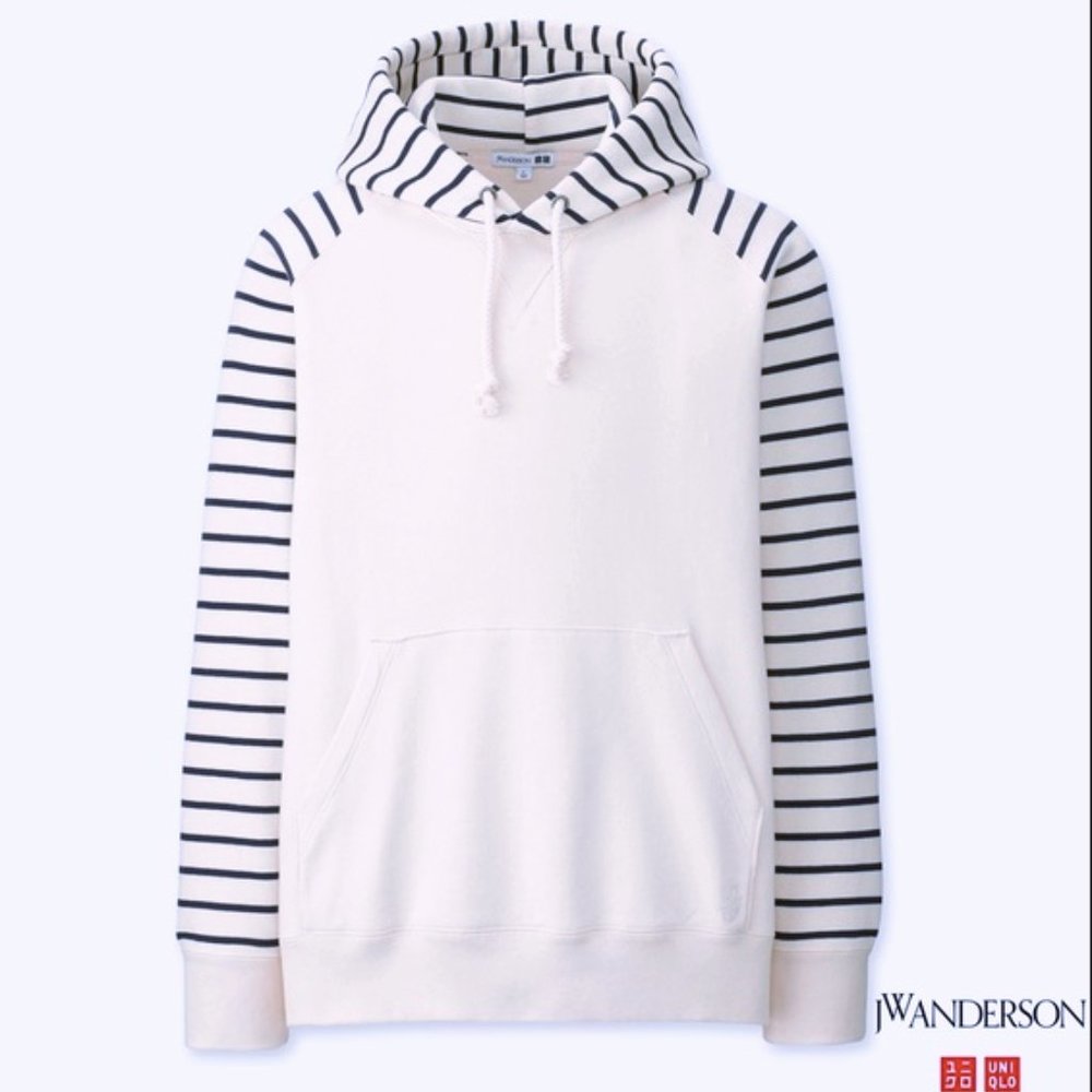 JW Anderson x Uniqlo Pullover Hoodie Sweatshirt Cream White Navy Blue Striped L